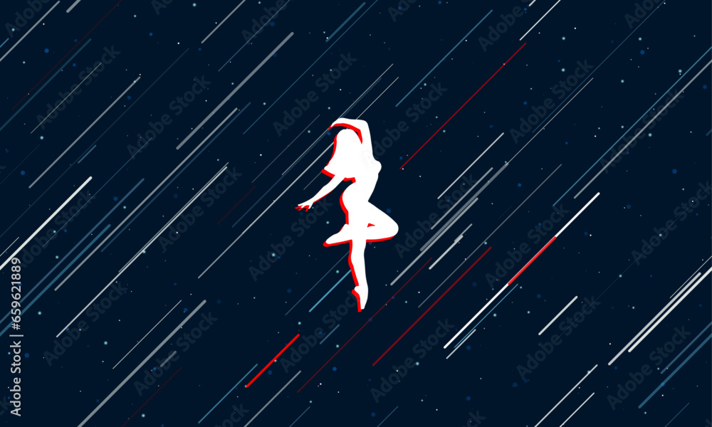 Large white ballerina symbol framed in red in the center. The effect of flying through the stars. Vector illustration on a dark blue background with stars and slanted lines