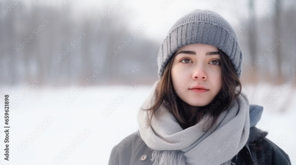 An American woman in a gray hat and scarf.. AI Generated