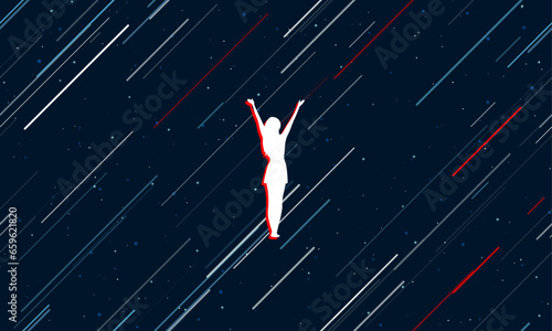 Large white woman with hands up symbol framed in red in the center. The effect of flying through the stars. Vector illustration on a dark blue background with stars and slanted lines