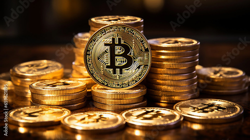Bitcoin in the form of gold coins, beautiful lighting.