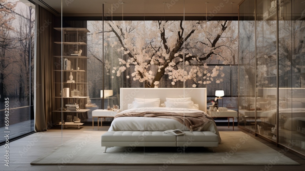 Relax in a bedroom with a space-creating mirrored wall.