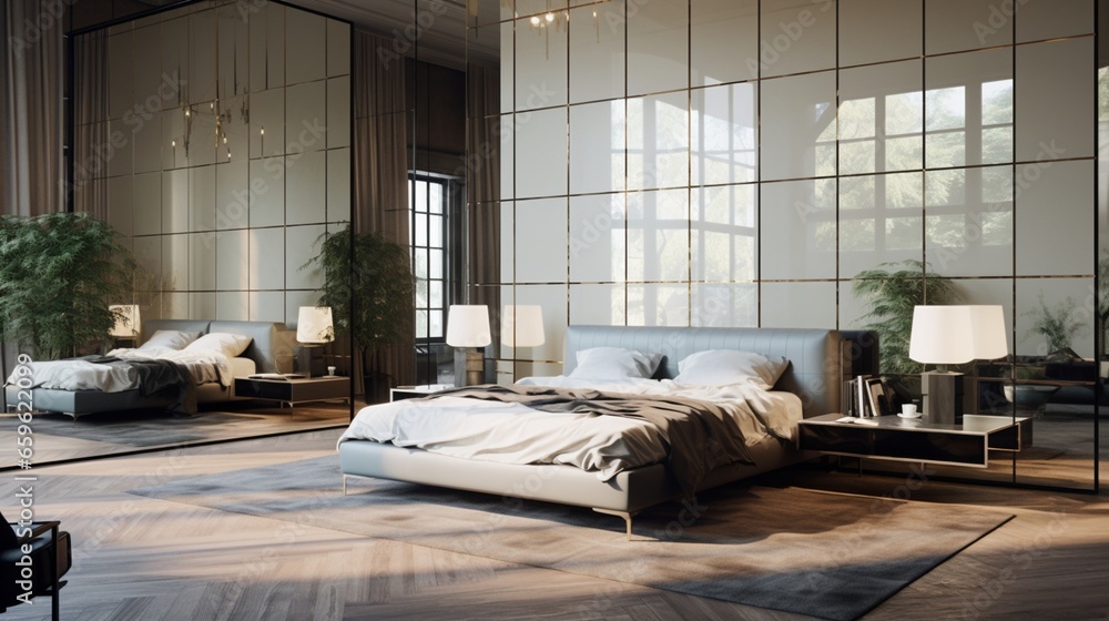 Relax in a bedroom with a space-creating mirrored wall. Relax in a bedroom with a space-creating mirrored wall.