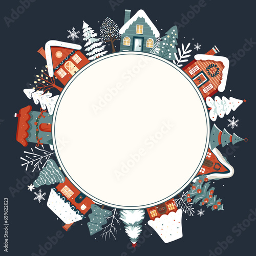 Christmas card, frame with scandi houses, trees. Concept winter. New year ornament poster