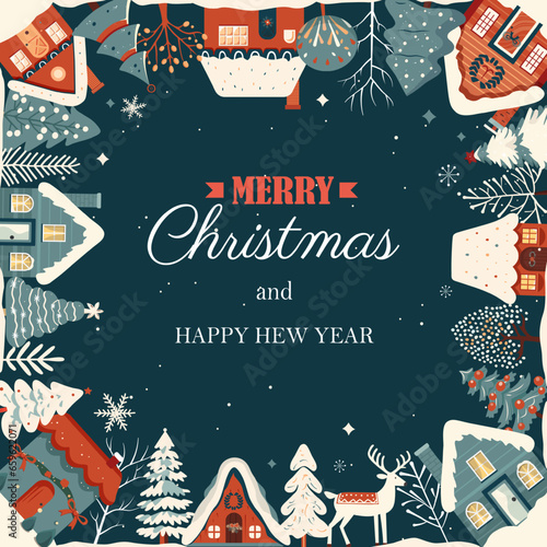 Square winter card, Christmas frame with text, scandi houses, snowy trees. New Year, winter ornament, poster