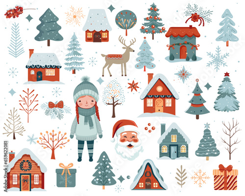 Scandi christmas illustration, cute houses, girl, trees, deer, santa claus. Big set of hand drawn christmas elements.