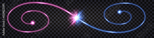 Electric discharge collision,wavy swirl cable,  blue vs pink shock effect., glowing lightning thunder bolt. Electric light flash, power wire impulse. Spiral swirl wavy cable Isolated vector
