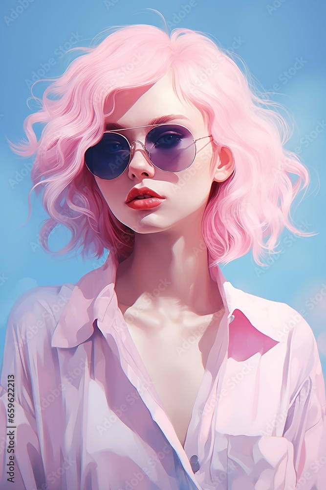  Illustration of a chic woman with pastel pink hair sporting sunglasses