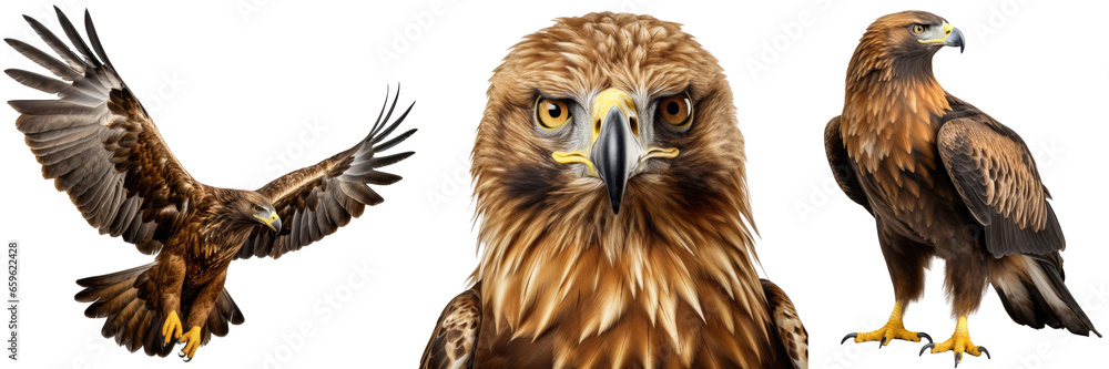 Obraz premium Golden eagle collection (portrait, standing, flying), animal bundle isolated on a white background as transparent PNG