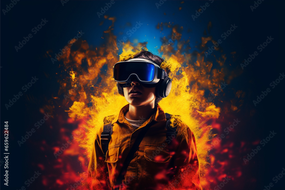 Person wearing virtual reality goggles. Future metaverse technology concept. 