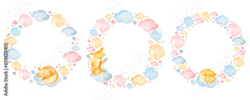 Children's round frame in cartoon style. Round frame with clouds, fox, stars isolated on white background. Watercolor illustration.