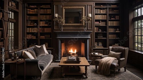 Retreat to a study adorned with a wall of built-in bookshelves and a fireplace, creating an ambiance of intellectual warmth.