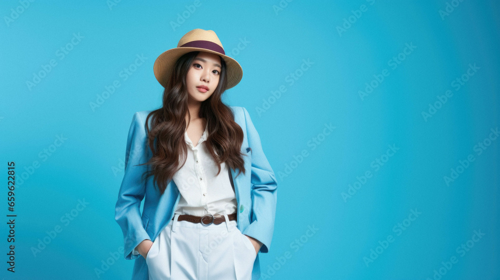 Young beautiful asian woman in suit and hat posing in blue studio. Young beautiful asian woman in suit and hat posing in blue studio.