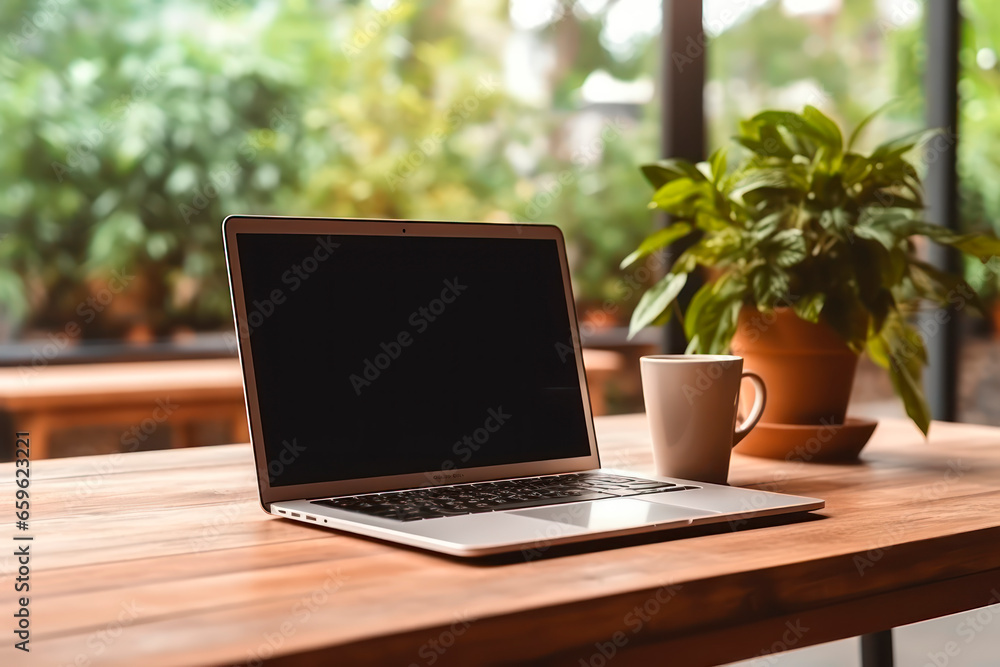 Laptop on wooden table with cup of coffee. Work at home. Laptop on wooden table with cup of coffee. Work at home.