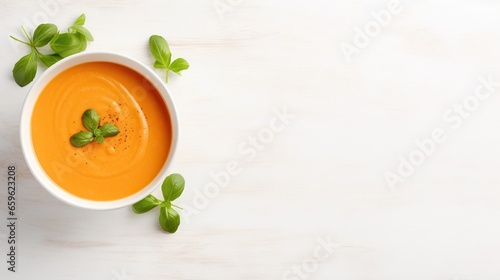  a bowl of carrot soup on a white surface with basil leaves. generative ai