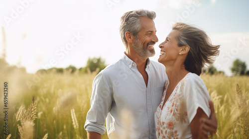 aged couple walking outdoor through a sunny day