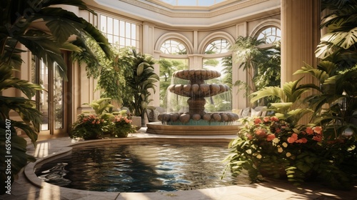 Soak in the sunlight in an atrium  featuring a small water fountain  creating a serene and refreshing ambiance.