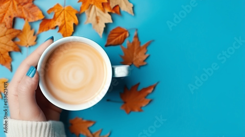 autumn still life with leaves and cup of warm beverage