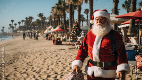 Santa Claus is relaxing on the beach.