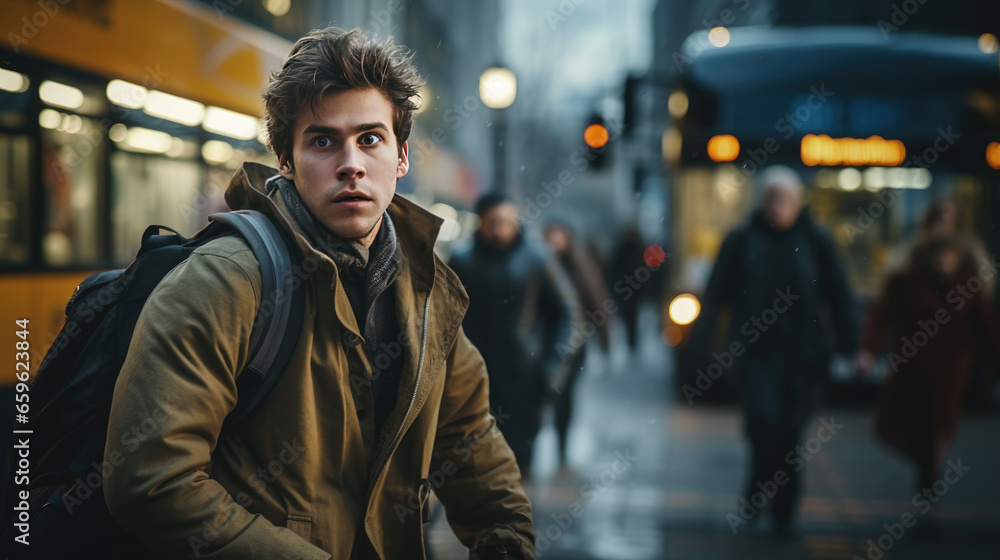 The man is late for the train. The man is late for the train.