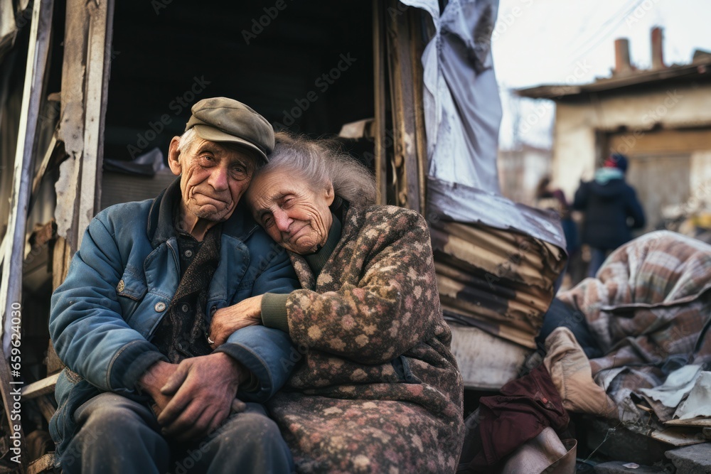 A homeless couple old in winter