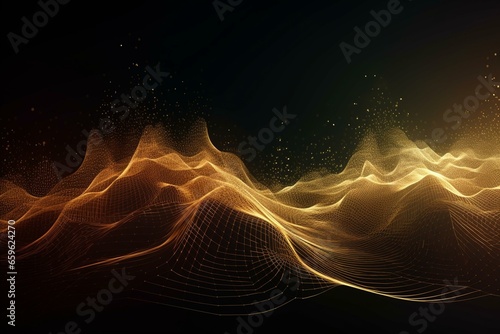 An abstract background of interconnected dots and lines representing huge data and technology with a dynamic wave and golden dots. Generative AI