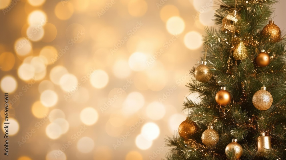 Christmas tree background with gold blurred light 