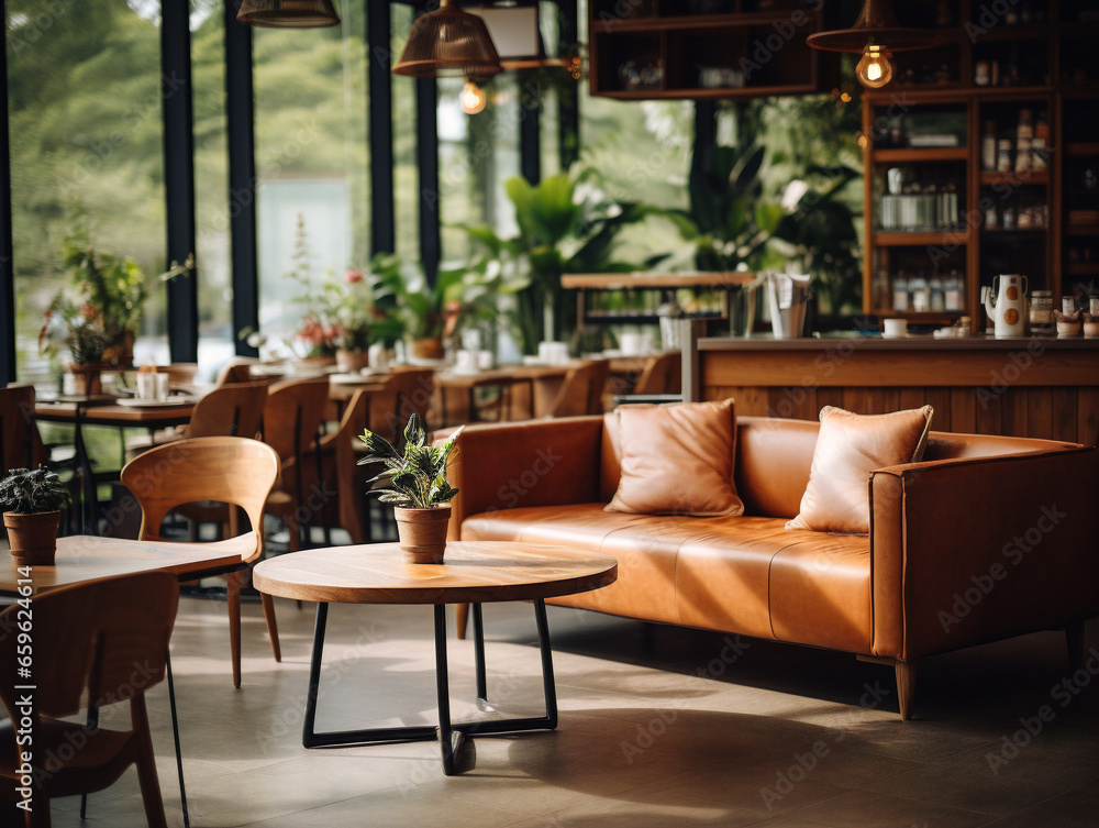 The image shows a trendy coffee shop with a relaxed atmosphere and modern decor.