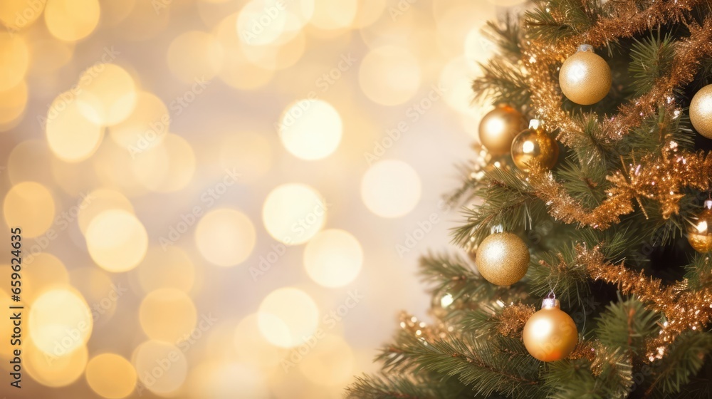 Christmas tree background with gold blurred light 