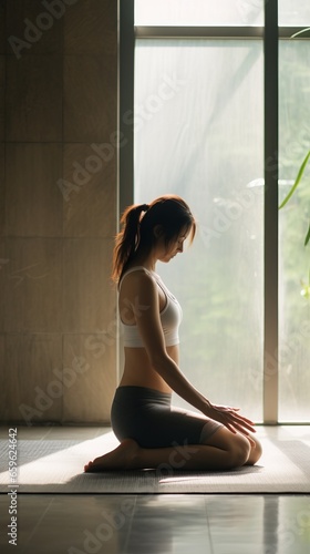 Portrait of gorgeous young woman practicing yoga indoor. Beautiful girl practice cobra asana in class.Calmness and relax, female happiness.