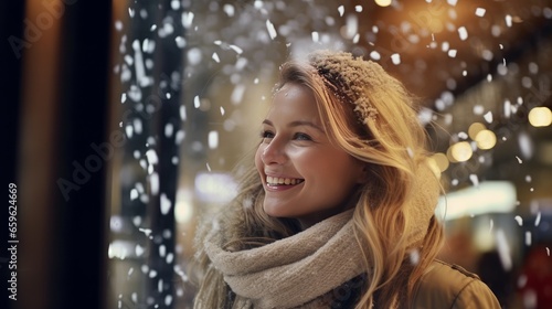 Wallpaper Mural smiling young woman in front of shop window in winter snowing Torontodigital.ca