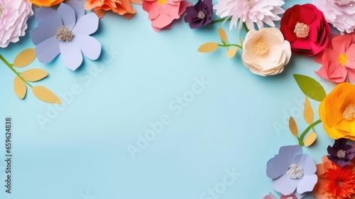 Fototapeta Naklejka Na Ścianę i Meble -  Colourful handmade paper flowers on light blue background with copyspace in the center 