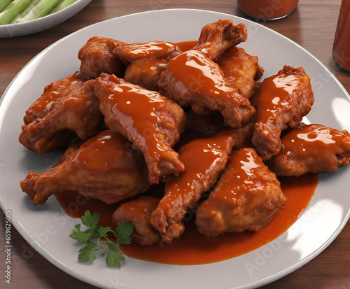 Plate Of Chicken Wings Covered In Buffalo Sauce photo