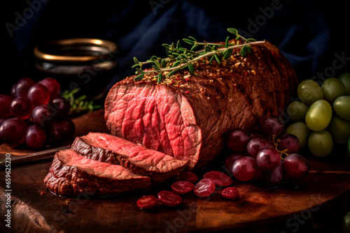 Roasted beef tenderloin meat with garnish photo