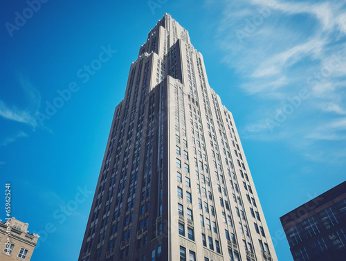 A majestic skyscraper reaching towards the heavens, contrasting the vast blue sky.