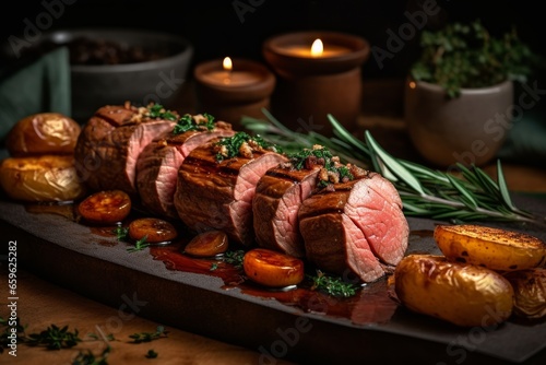 Roasted beef tenderloin meat with garnish