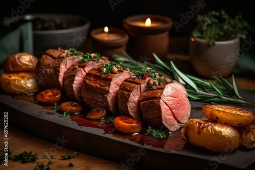 Roasted beef tenderloin meat with garnish photo