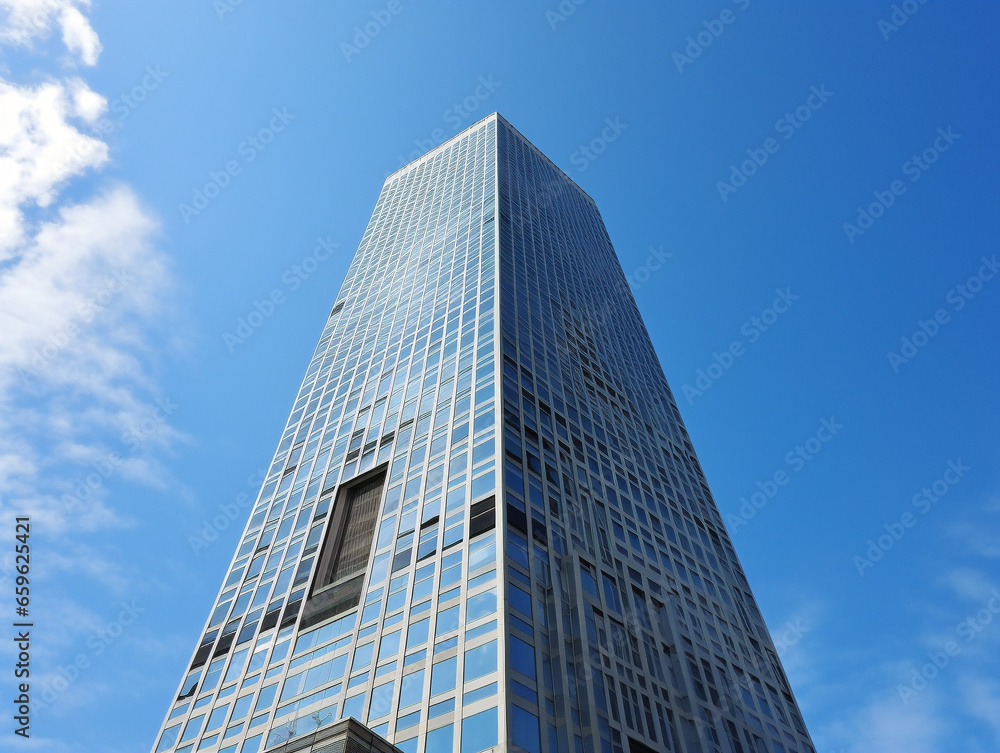 A majestic skyscraper rising high above against a clear blue sky, in a vibrant urban setting. A majestic skyscraper rising high above against a clear blue sky, in a vibrant urban setting.