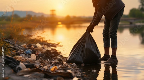 Cleaning by the river at sunset, a hand holds a black garbage bag