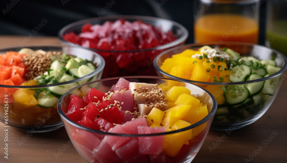 Healthy vegetarian salad bowl with fresh organic vegetables and fruit generated by AI Healthy vegetarian salad bowl with fresh organic vegetables and fruit generated by AI