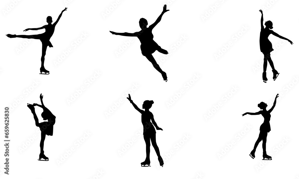 ice skating girls silhouettes - obrazy, fototapety, plakaty 