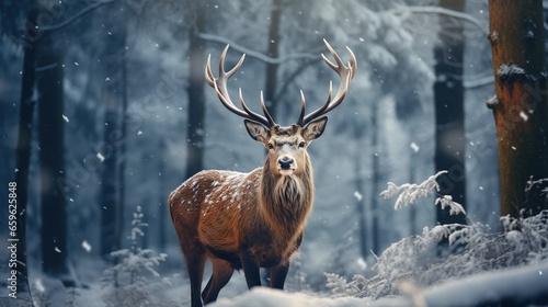 group of deer in winter forest under snowfall