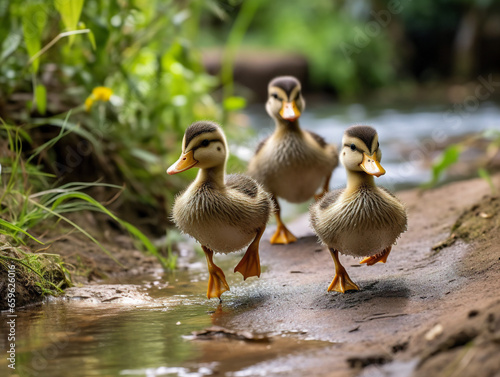 Three fluffy yellow ducklings waddle behind their proud mother as they explore their surroundings. © Szalai