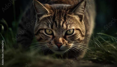 Small striped kitten staring at camera in green meadow generated by AI