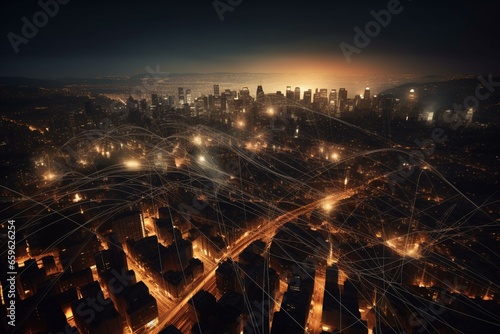 A contemporary cityscape with illuminated connections. Generative AI