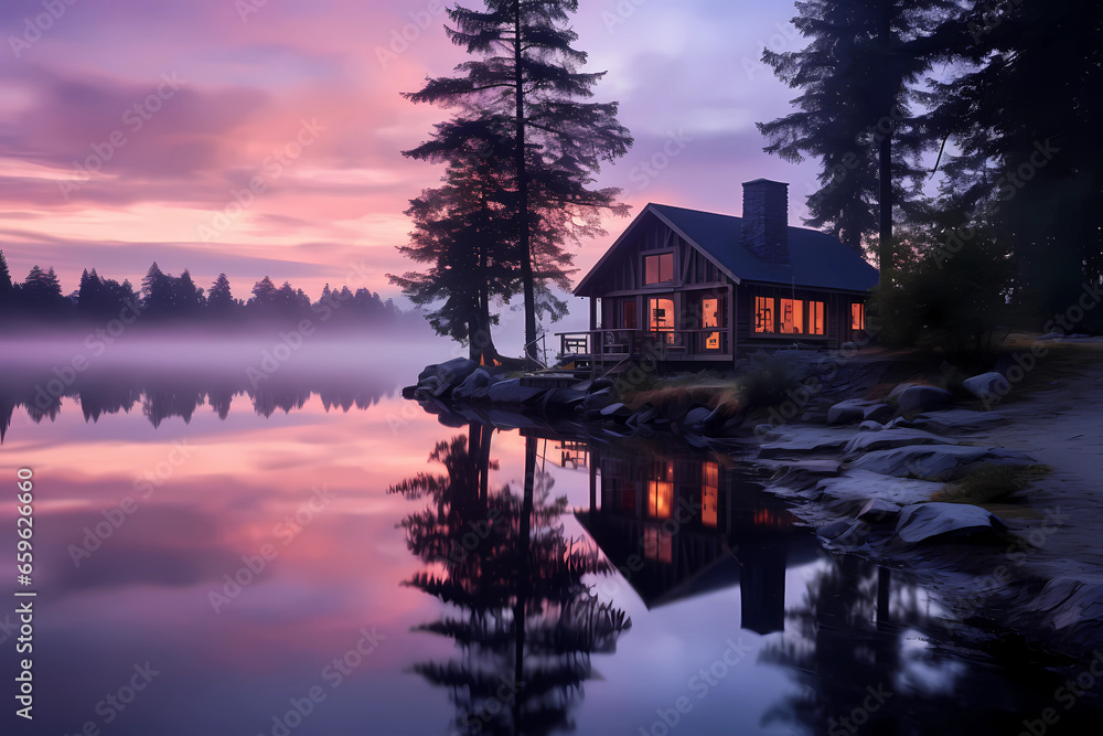 As the day begins to stir, the serene lakeside cabin stands as a testament to the beauty of dawn's embrace. The colors that adorned it mirrored the transitions of nature, from the stillness of night As the day begins to stir, the serene lakeside cabin stands as a testament to the beauty of dawn's embrace. The colors that adorned it mirrored the transitions of nature, from the stillness of night