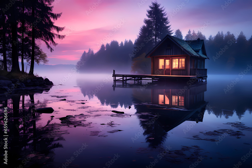 Fototapeta premium Under the enchanting embrace of the early morning, a serene lakeside cabin emerges from the obscurity of night, its wooden facade adorned in a breathtaking tapestry of indigo, lavender, and magenta