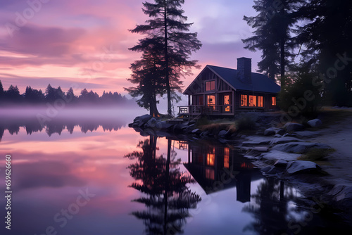 As the day begins to stir, the serene lakeside cabin stands as a testament to the beauty of dawn's embrace. The colors that adorned it mirrored the transitions of nature, from the stillness of night
