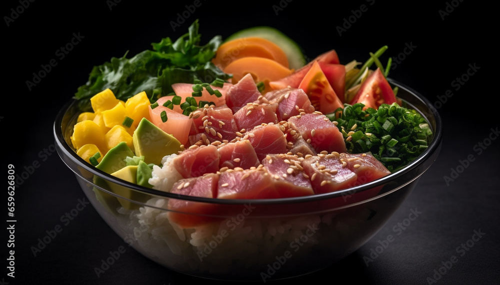 Fresh gourmet salad with pork slice, beef fillet, and seafood generated by AI Fresh gourmet salad with pork slice, beef fillet, and seafood generated by AI