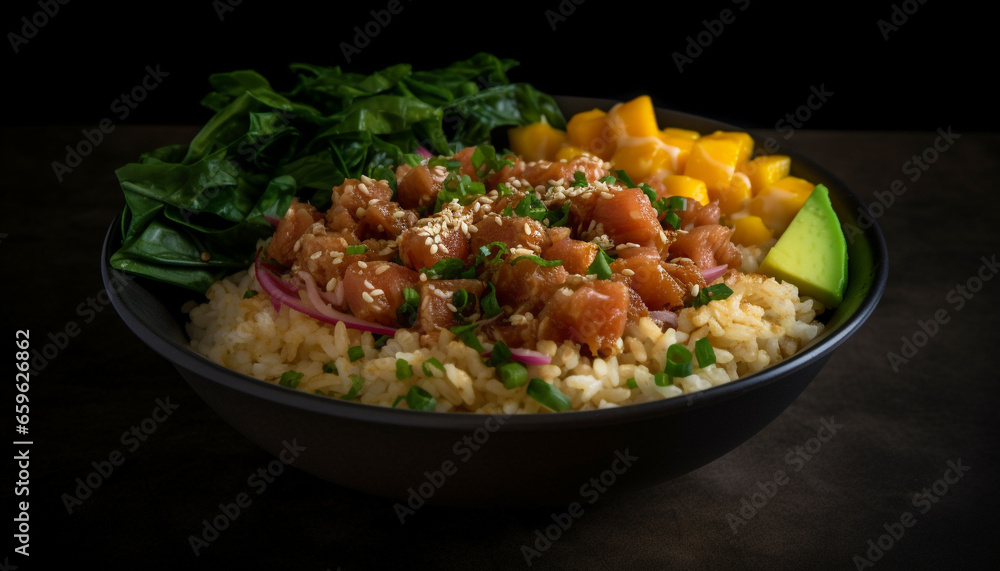Fresh vegetarian risotto bowl with healthy salad and organic herbs generated by AI