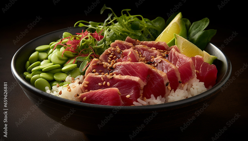 Healthy eating plate with fresh meat fillet and vegetable salad generated by AI Healthy eating plate with fresh meat fillet and vegetable salad generated by AI